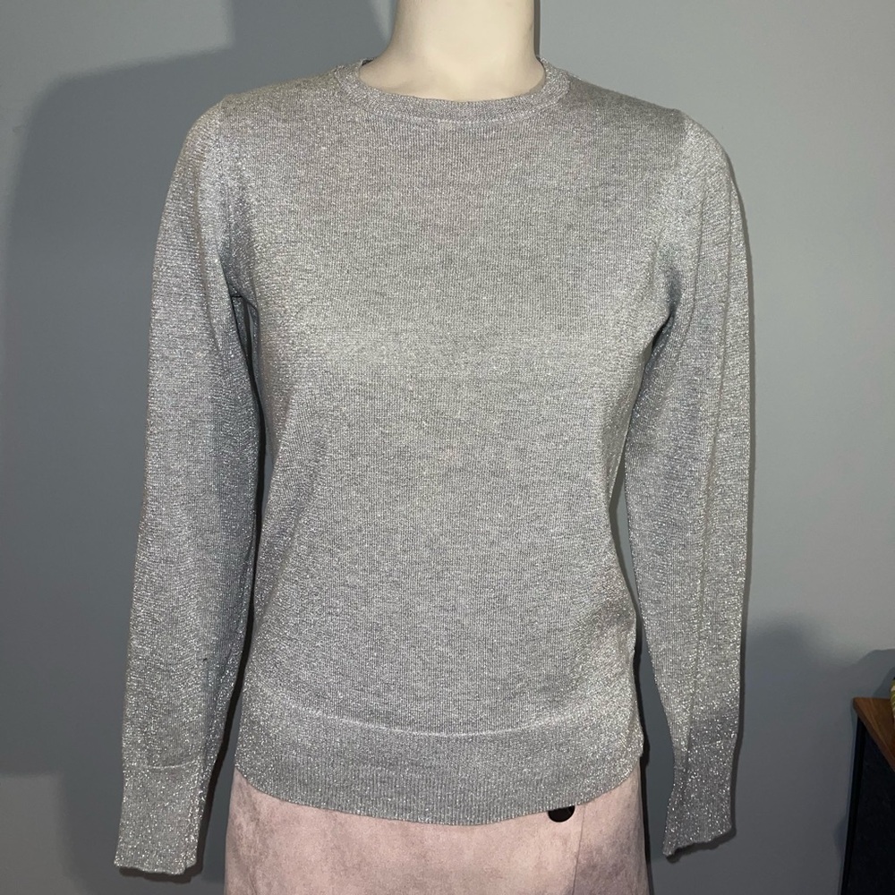Ann Taylor Factory Silver sparkly Knit Sweater top shirt holiday woman’s XS
